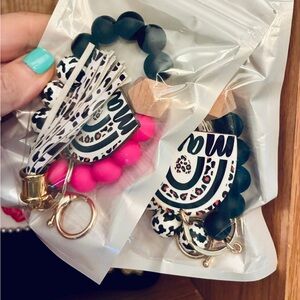 Leopard Print Keychain Set with Pink and Black Beads